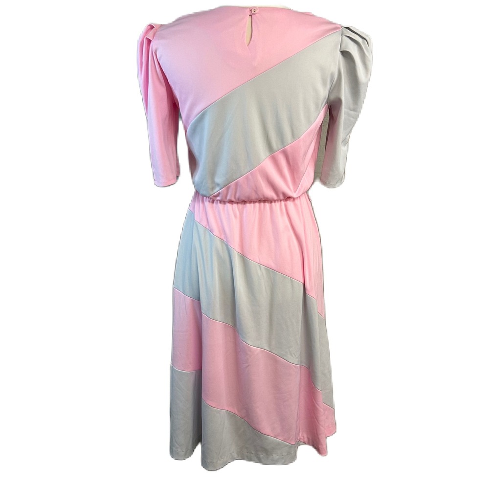 Vintage Susan Leonard 80s Midi Dress Diagonal Colorblock Puff Sleeve 9 (L) USA - Picture 3 of 10